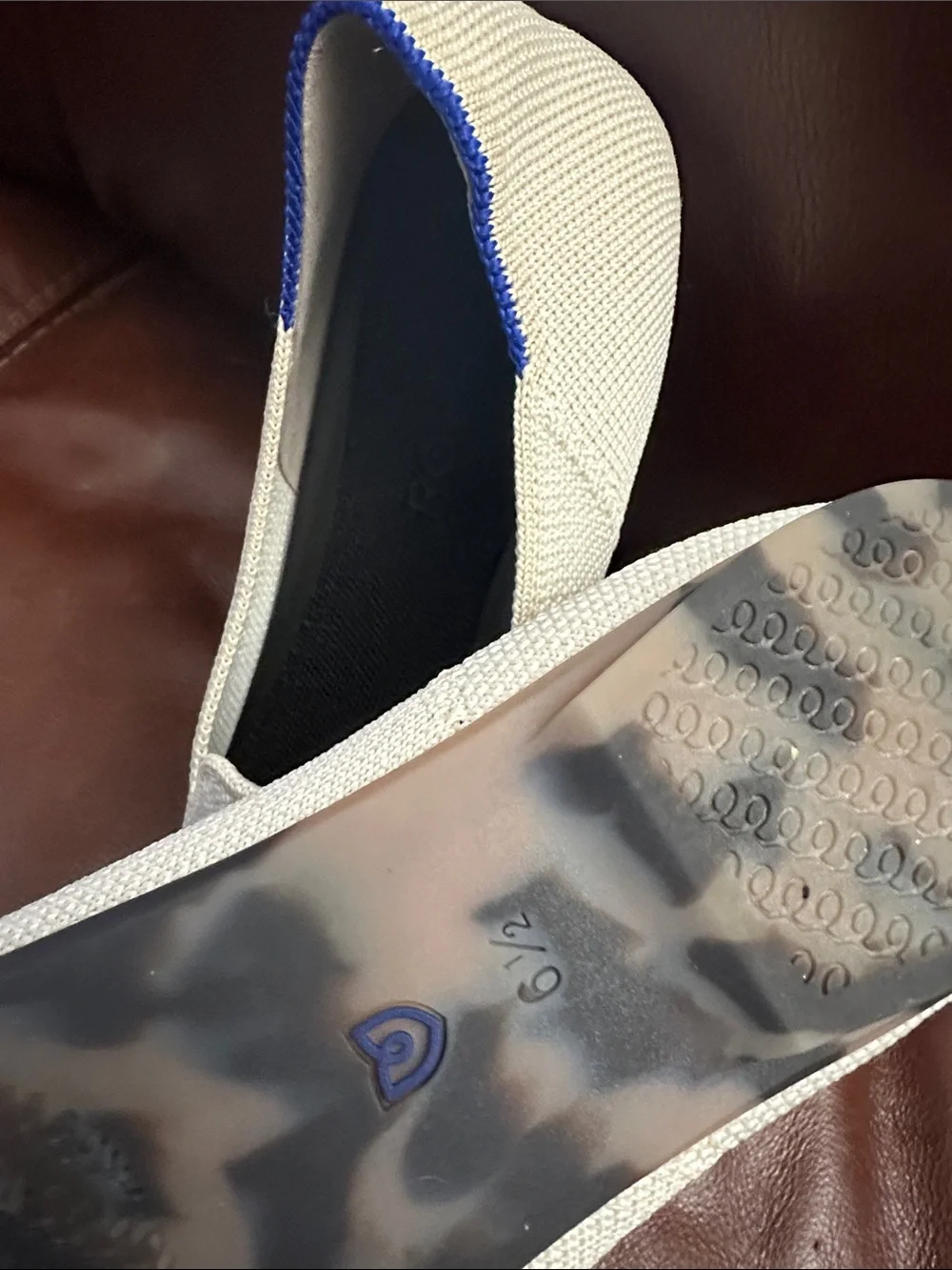 Rothy's Cream Slip-On Loafers with Blue Trim